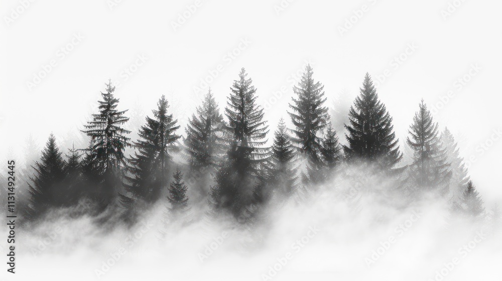Obraz premium Misty mountain forest with evergreen trees in monochrome.