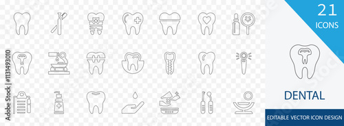 Dental thin line icon set. containing hygiene, tooth, brace, electric toothbrush, cavity, hand mirror and more stroke  design