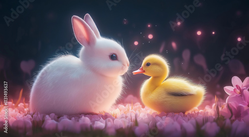 Wallpaper Mural White rabbit and yellow duckling, glowing flowers, fantasy night Torontodigital.ca