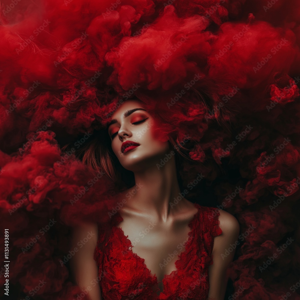 Fototapeta premium A captivating portrait of a woman surrounded by red smoke, evoking powerful emotions and mystery.