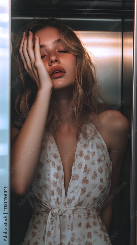 Fototapeta premium Woman in floral dress in an elevator 