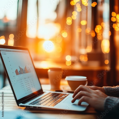 Entrepreneur using a laptop to analyze profitability in a cozy cafe setting, business analysis, flexible work culture photo