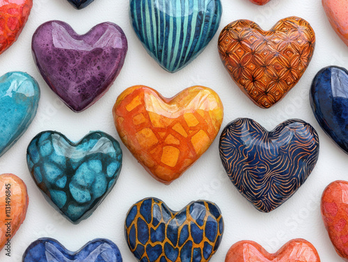 Vibrant heart shaped badges in various colors and patterns create joyful display, isolated design on white background
