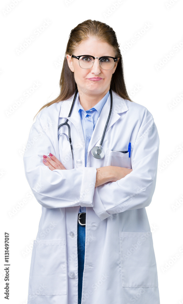 Middle age mature doctor woman wearing medical coat over isolated background skeptic and nervous, disapproving expression on face with crossed arms. Negative person. Middle age mature doctor woman wearing medical coat over isolated background skeptic and nervous, disapproving expression on face with crossed arms. Negative person.