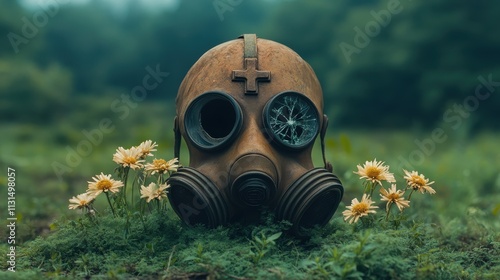 An aging gas mask lies among flowers in an abandoned field, juxtaposing decay and bloom, symbolizing resilience and the passage of time in a surreal setting. photo