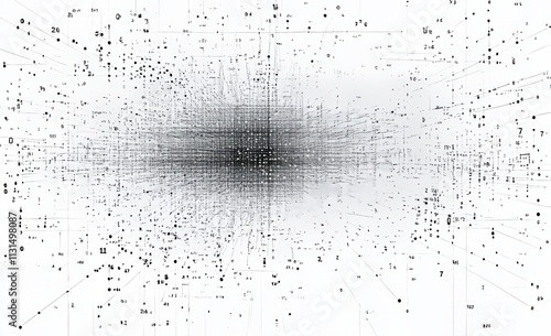 A flow of tech cyber code carries terabytes of binary data in a stream of information, shaping a wavy field of coded blockchains. A 3D illustration depicts a neural network with points and numbers. photo