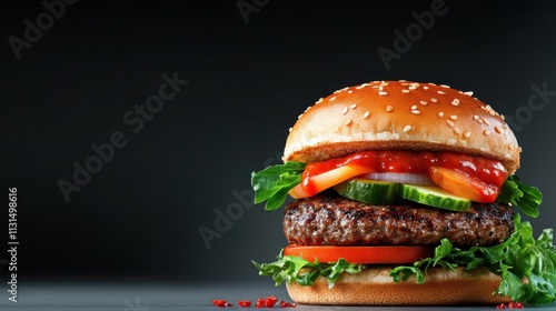 A mouthwatering burger featuring a succulent patty, fresh lettuce, tomatoes, pickles, and tangy ketchup, highlighted against a striking black backdrop. photo