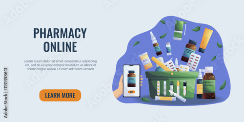 Hand holding a smartphone to pay for medications online. Pharmacy service for home delivery of medicines. Shopping cart with various medicines. Vector cartoon illustration