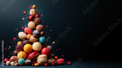 A delightful array of variously colored chocolates artfully stacked to resemble a Christmas tree, conveying a festive, joyous, and whimsical holiday spirit.