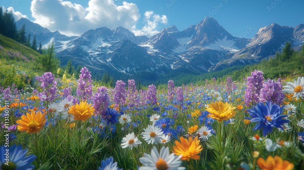 Obraz premium Vibrant wildflowers bloom beneath snow-capped mountains.