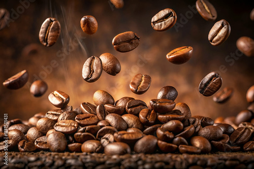 Floating coffee beans against a warm, blurred background create a dynamic and inviting scene celebrating the essence of coffee.