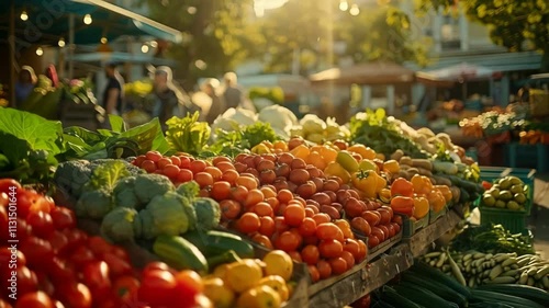 Colorful fresh produce at outdoor farmers market. Vibrant fruits and vegetables on display. Organic local food shopping concept. Healthy eating and sustainable agriculture with copy space