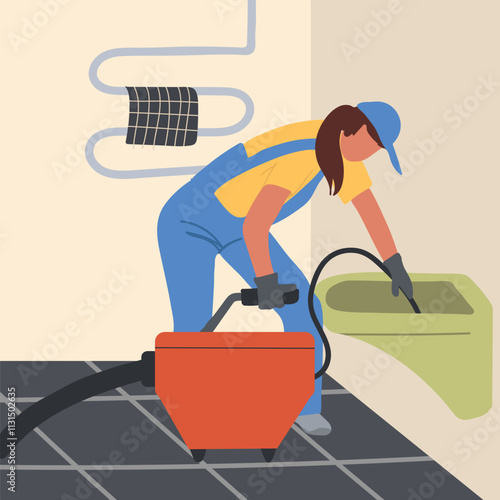 Female plumber cleaning clogged toilet. Woman worker, master fixing bathroom. Hand drawn  vector illustration