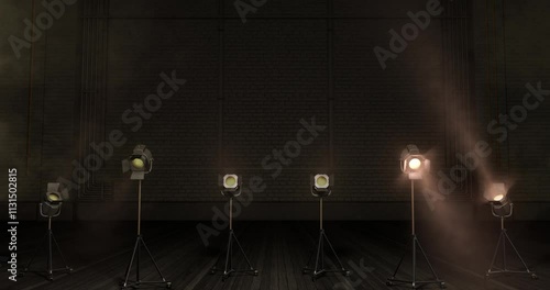 Vintage par lights fading one by one over a stage wall background. Looping animation. 3D render. photo