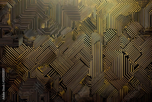 Abstract dark geometric background featuring glowing golden lines and sparkles, creating a modern, futuristic, and elegant design.