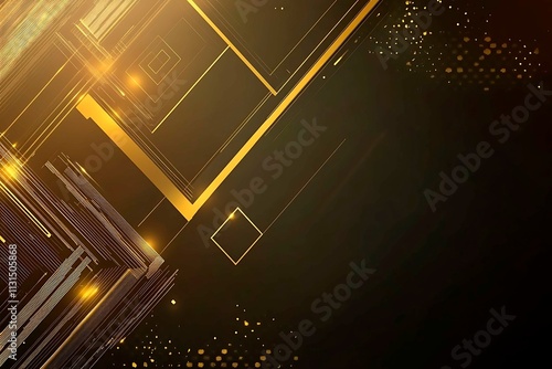 Abstract dark geometric background featuring glowing golden lines and sparkles, creating a modern, futuristic, and elegant design.