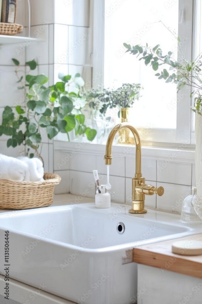 Fototapeta premium Gold faucet in a bright modern bathroom sink