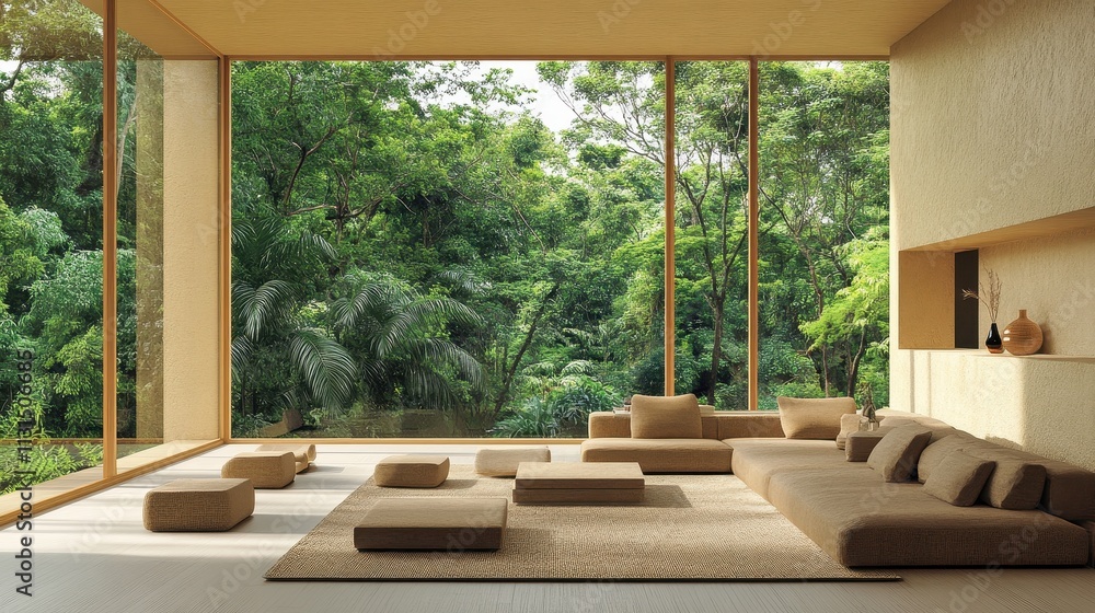 Fototapeta premium Modern minimalist living room overlooking lush green forest