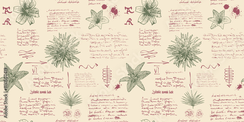  seamless textural background in the style of notes from the diary of a botanist with sketches