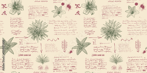  seamless textural background in the style of notes from the diary of a botanist with sketches