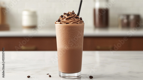 Iced mocha frappe with whipped cream on marble counter photo