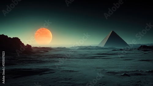 A vast desert landscape under a vibrant sunset, highlighting the silhouette of an ancient pyramid against the clear sky, evoking a sense of mystery and history.