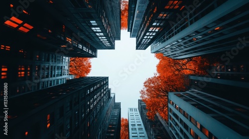 A view from the ground up showing a framed view of skyscrapers with orange-leaved trees, illustrating a blend of nature and urbanity during the autumn season.