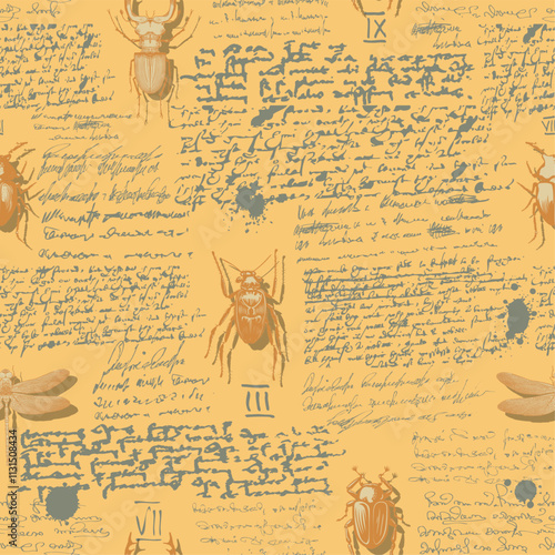 seamless textured background in the style of notes from an entomologist diary with sketches