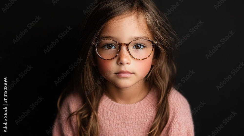 Fototapeta premium Young girl wearing glasses, looking thoughtfully at the camera