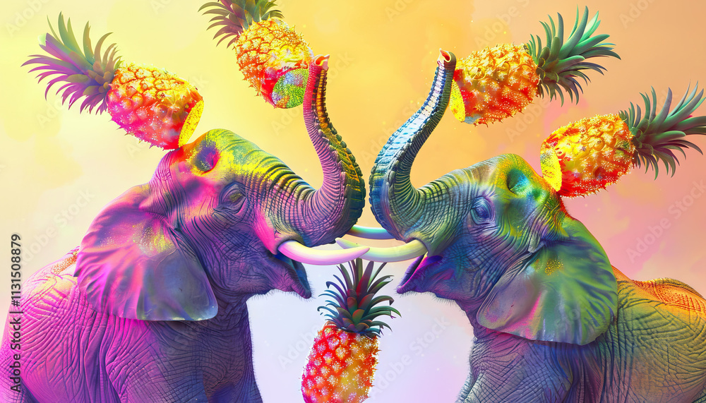 Obraz premium Two Iridescent Elephants and Pineapples
