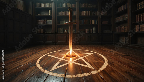 A ceremonial dagger rests poised within a radiant circle, casting ethereal light onto aged wooden floors surrounded by shelves of ancient tomes, inviting profound enlightenment