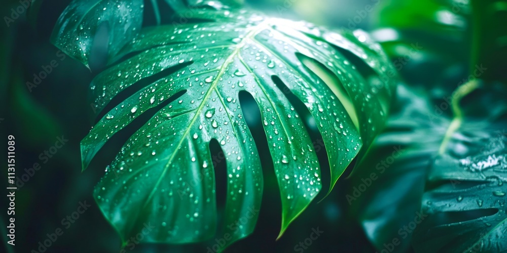 Fototapeta premium Vibrant green leaf glistening with raindrops. This close-up captures the beauty of nature and the freshness of a tropical environment. Perfect for design or nature-related projects. AI