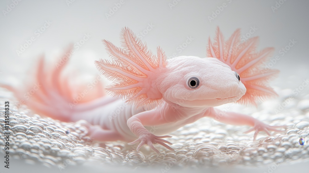Fototapeta premium A close-up of a pink axolotl underwater, showcasing its delicate gills and smooth skin against a backdrop of bubbles