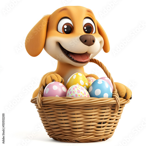 Cute Cartoon Dog with Easter Basket and Eggs photo