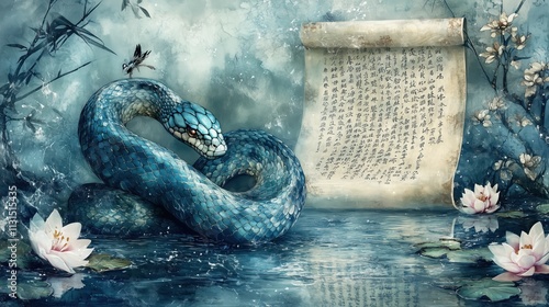 Graceful water snake coils around ancient scholar's scroll in serene Chinese study photo