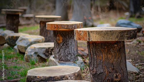 Wallpaper Mural Wooden Stump Tables and Rock Seating Arrangement Torontodigital.ca