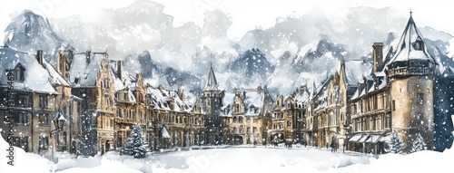 A village landscape illustration featuring a winter town building and border, available as a stock image. photo