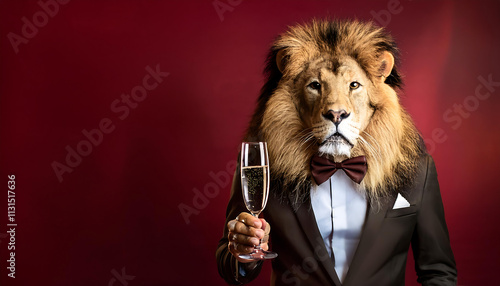 A majestic lion stands confidently, clad in a tailored tuxedo, holding a sparkling drink. The deep burgundy background enhances the sophisticated atmosphere, radiating elegance and charm photo