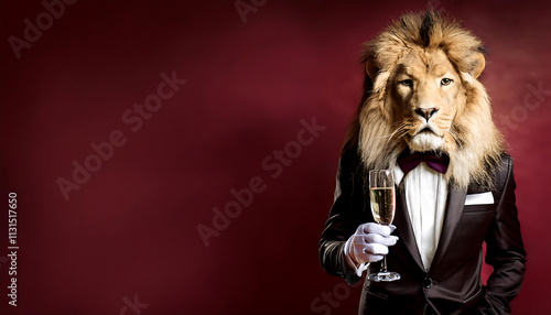 Against a rich burgundy background, a majestic lion clad in a stylish tuxedo holds a glass of champagne, exuding sophistication and regal charm in a moment of celebration photo