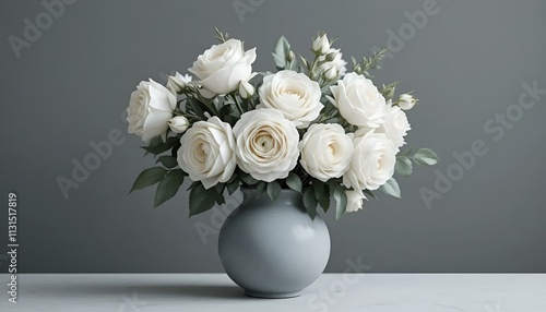 Elegant bouquet of white roses in minimalist vase on gray background, modern floral arrangement 