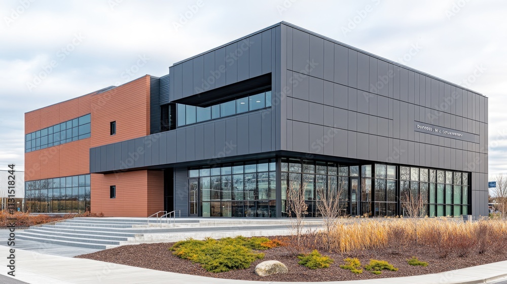 Obraz premium Modern office building facade with reflective glass and gray cladding under daylight showcasing minimalist architecture and welcoming space