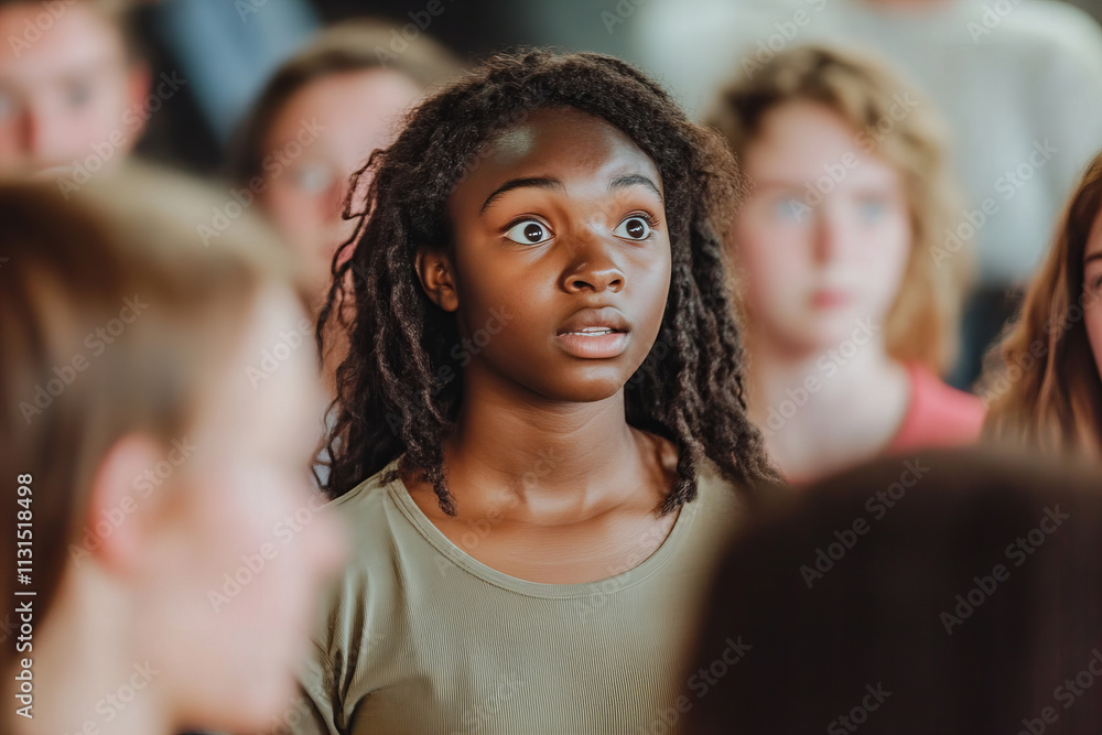 Fototapeta premium Students engage in dramatic expression during an intense rehearsal session in the drama studio
