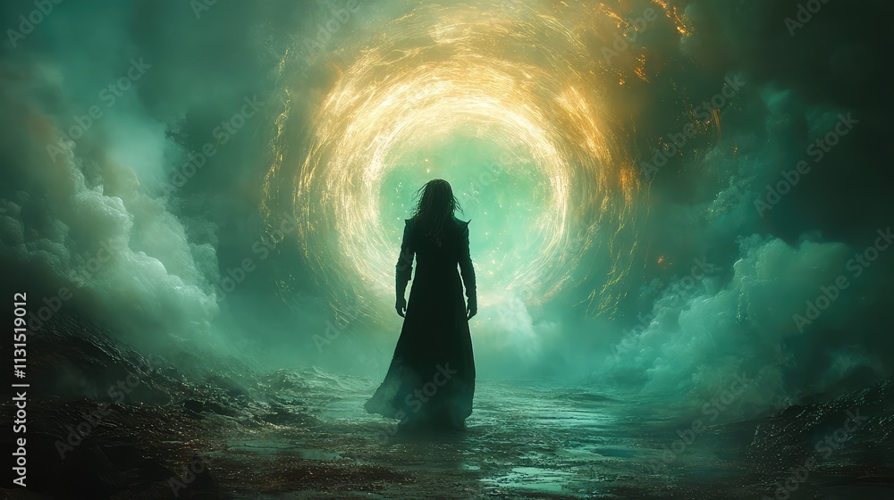 Fototapeta premium A sly Loki standing in front of a magical portal, his eyes glowing with power, as reality warps around him