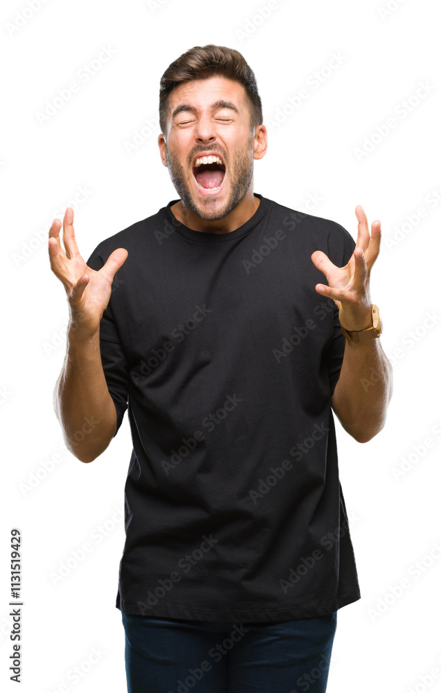 Fototapeta premium Young handsome man over isolated background crazy and mad shouting and yelling with aggressive expression and arms raised. Frustration concept.