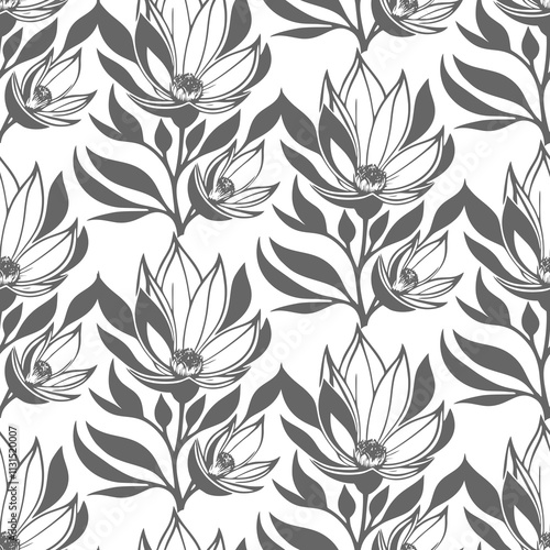 simple graphic seamless pattern of gray magnolia flowers on a white background, texture