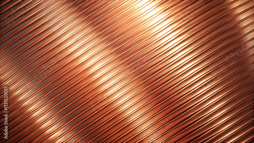 Textured copper surface with diagonal ribbed lines and luminous highlights photo