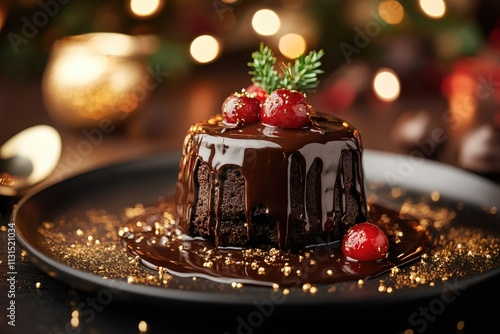 Chocolate lava cake with hot fudge, cranberries, and gold sprinkles sits on a plate, ready for christmas dinner photo