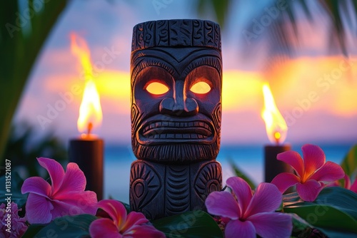 Tiki statue glowing on tropical beach at sunset with candles and flowers photo