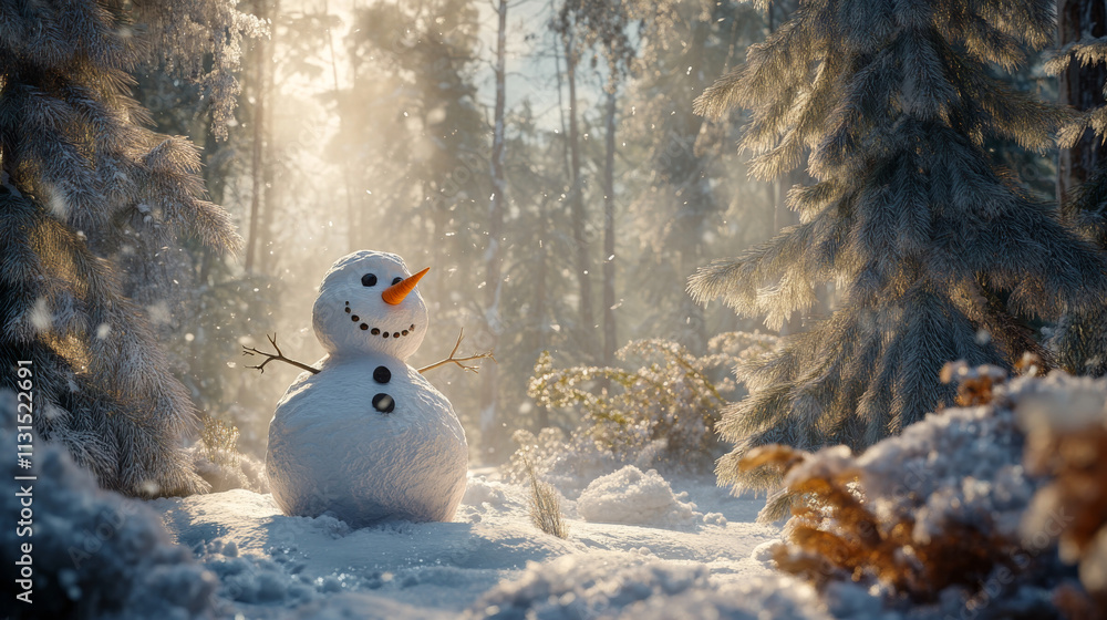 Obraz premium Smiling snowman. Makingsnowman in the forest from the first snow. Snowy winter, coniferous trees covered with snow