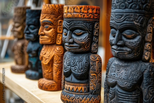 Traditional maori tiki statues representing polynesian culture photo